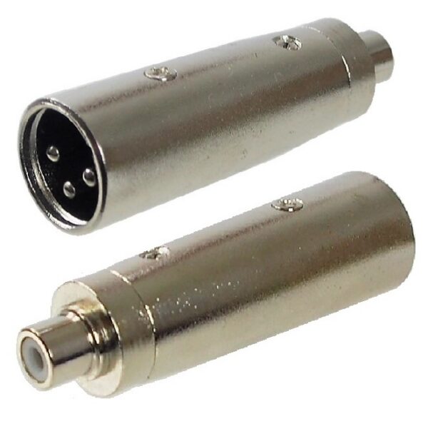 Adaptateur XLR mâle à RCA femelle.  Finition en métal argent