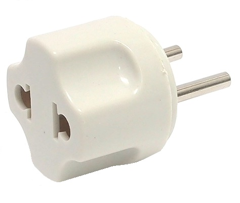 Adaptateur européen 220V à 110V, 2 contacts mâle à 2 contacts femelles.  Blanc