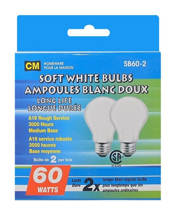 Ampoules longue durée blanc doux 60 WATTS, A19 service robuste