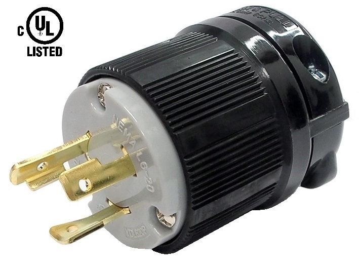 Connecteur mâle de type twist lock. Prise d'extension. 20A / 125 VAC, - 2 pôles, 3 contacts