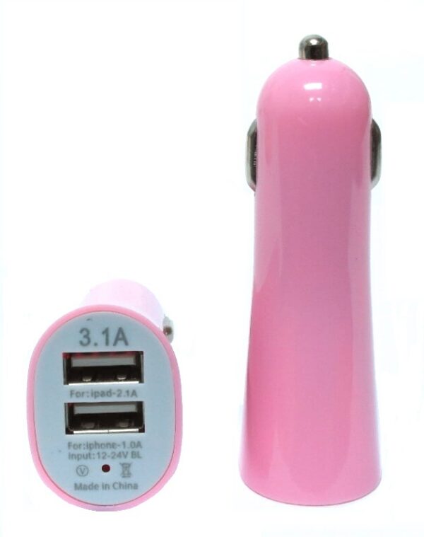 Prise allume cigare avec usb de 2.1 amp + 1 amp pour le chargement de téléphones et de tablettes.  Disponible en rose.